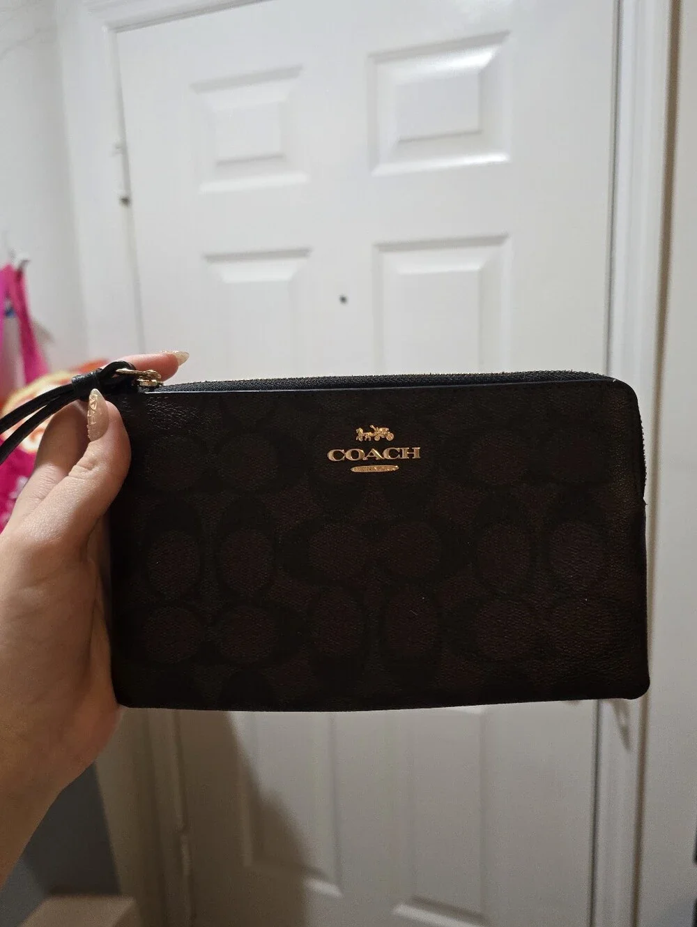 Coach Black Signature Zip Wristlet with Gold Logo